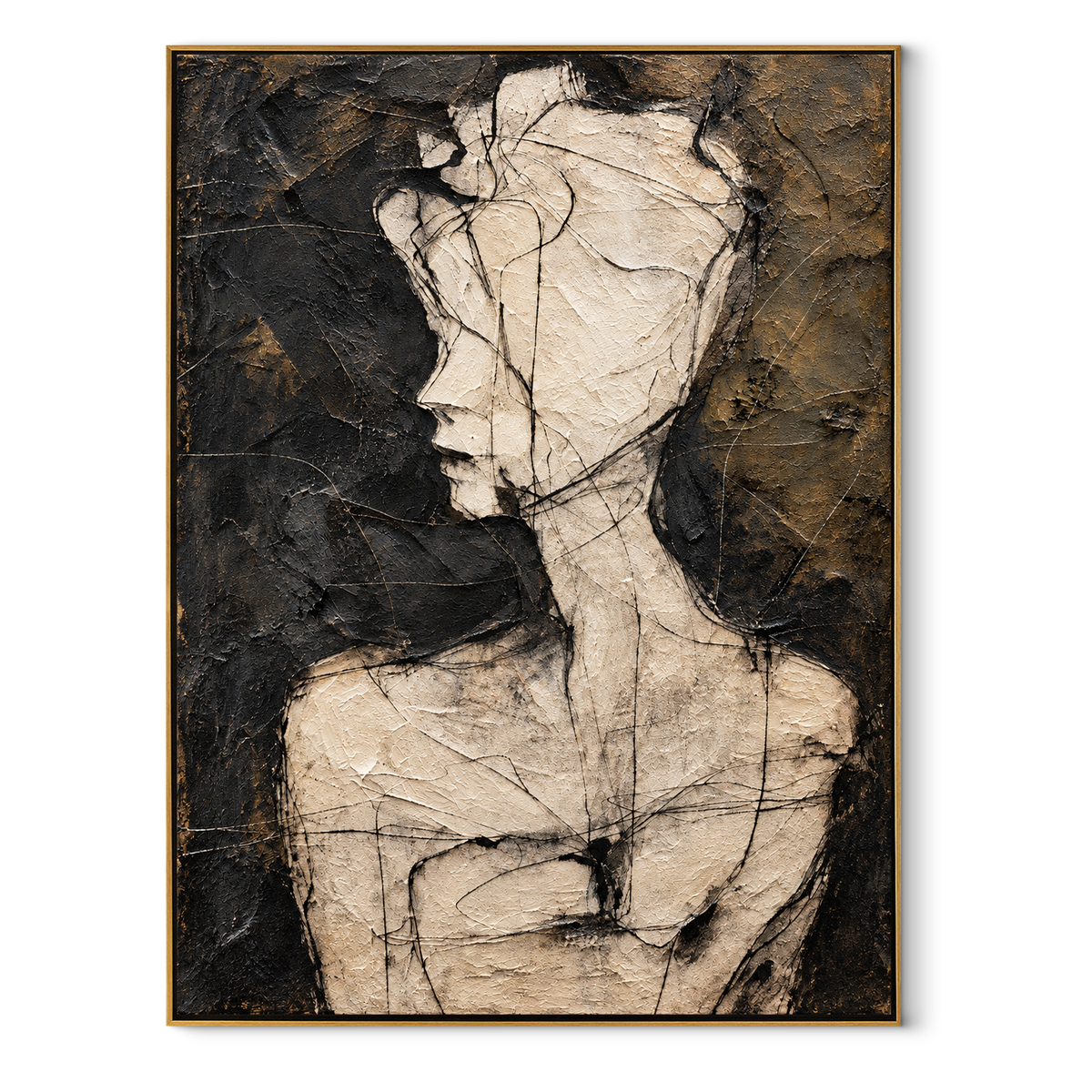 Fractured Figure at Midnight - abstract figure painting in a wood frame on white