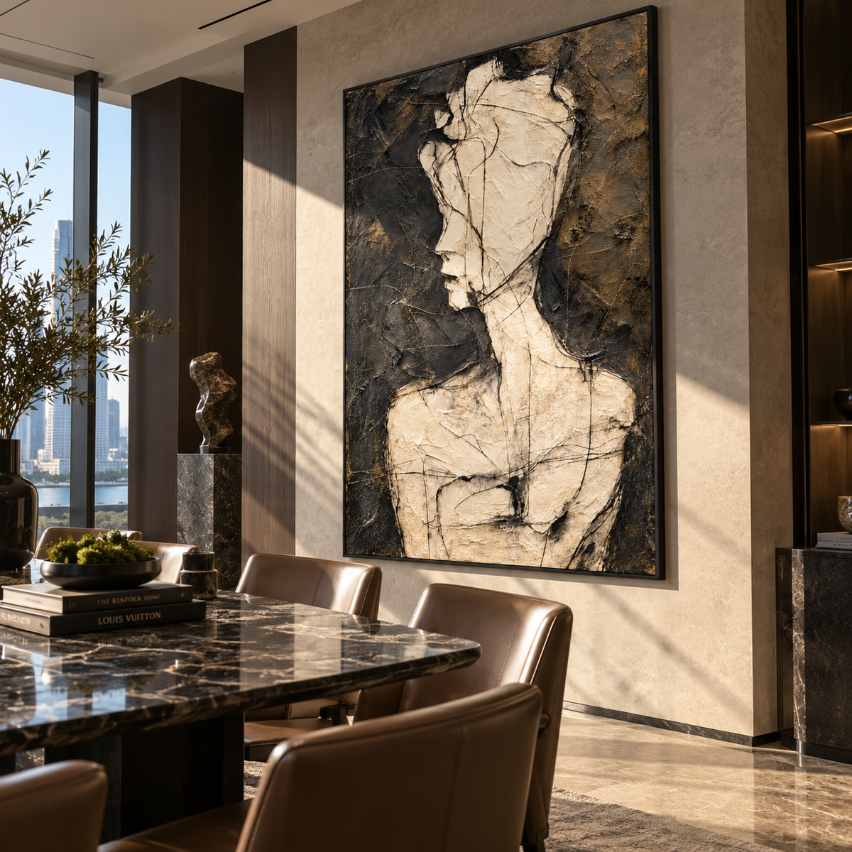Fractured Figure at Midnight - abstract figure painting shown in modern room setting 3
