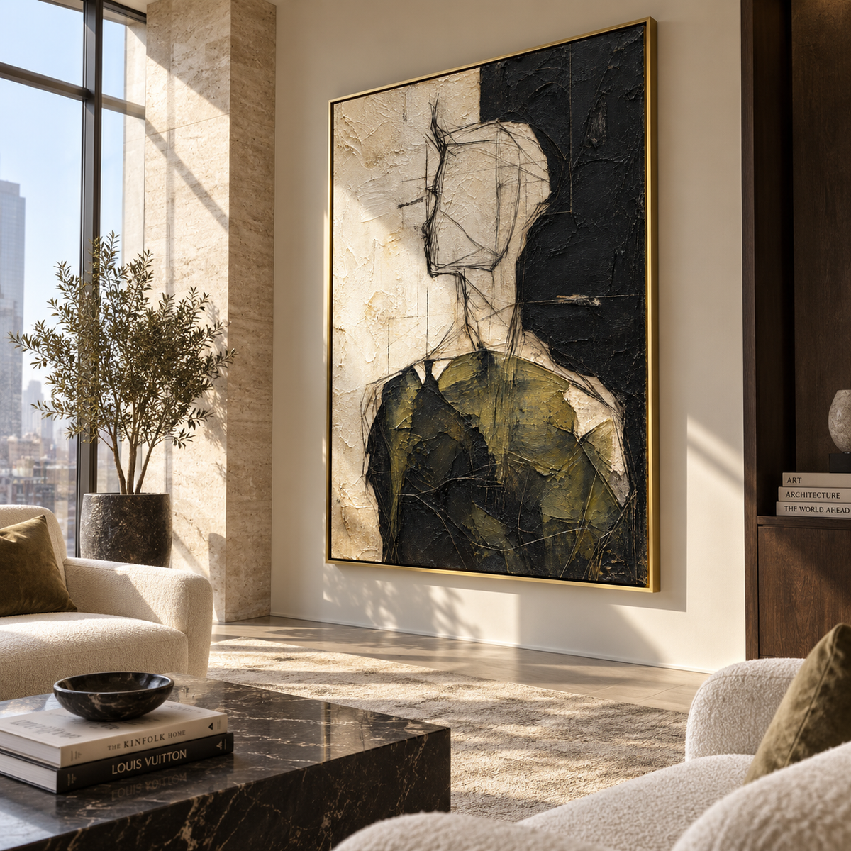 Olive Figure in Profile - abstract figure portrait painting displayed in a styled interior