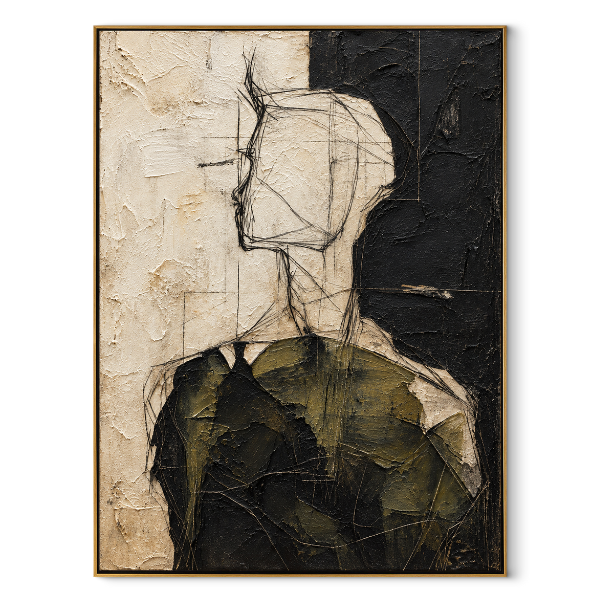 Olive Figure in Profile - abstract figure portrait painting in a wood frame on white