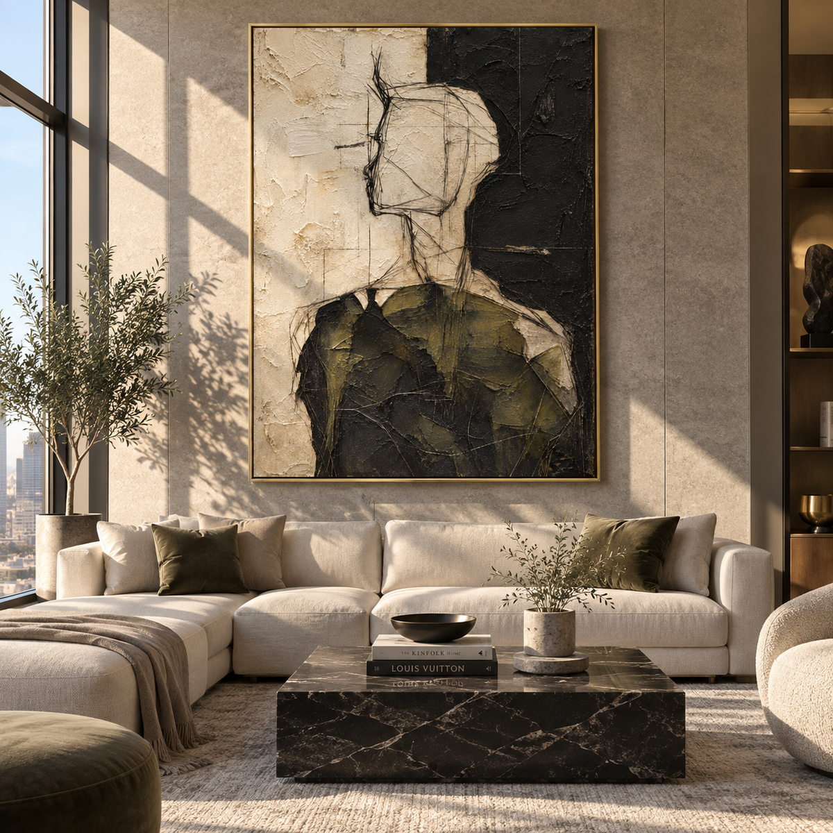 Olive Figure in Profile - abstract figure portrait painting shown in modern room setting 2