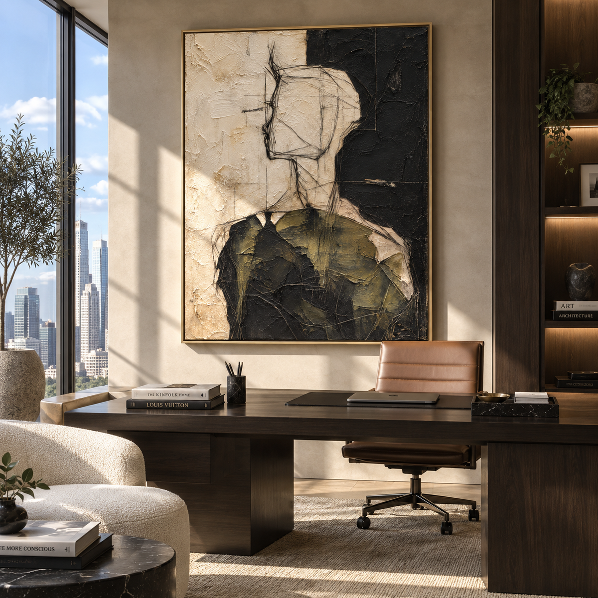 Olive Figure in Profile - abstract figure portrait painting shown in modern room setting 3