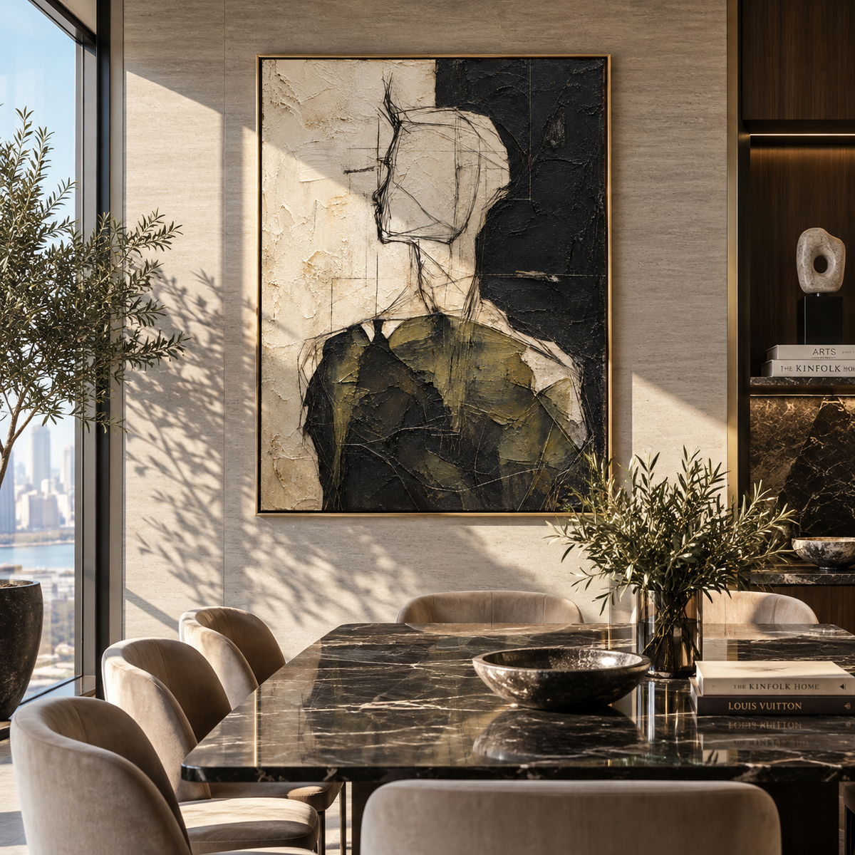 Olive Figure in Profile - abstract figure portrait painting shown in modern room setting 5