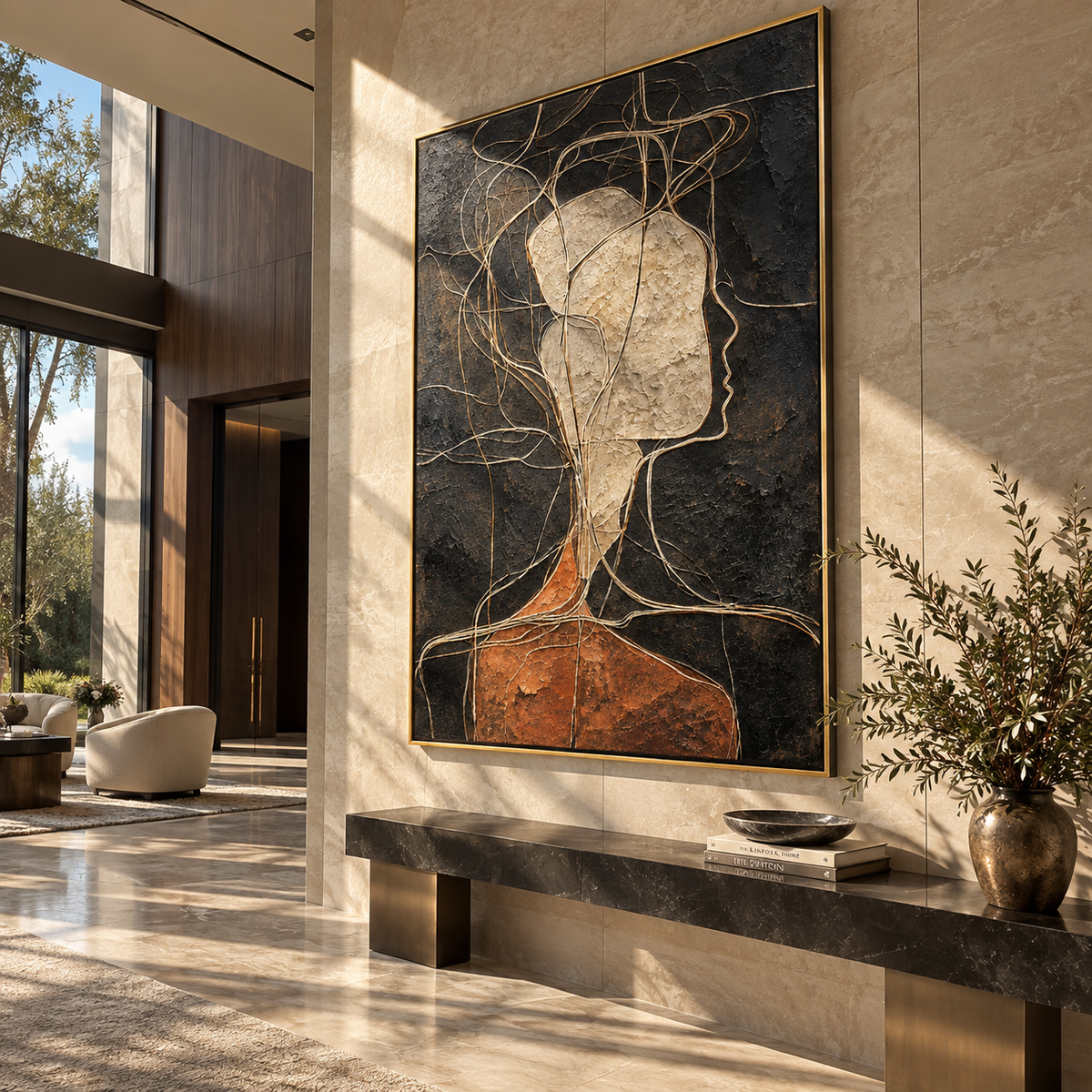 Threads Around a Face - abstract profile portrait painting displayed in a styled interior