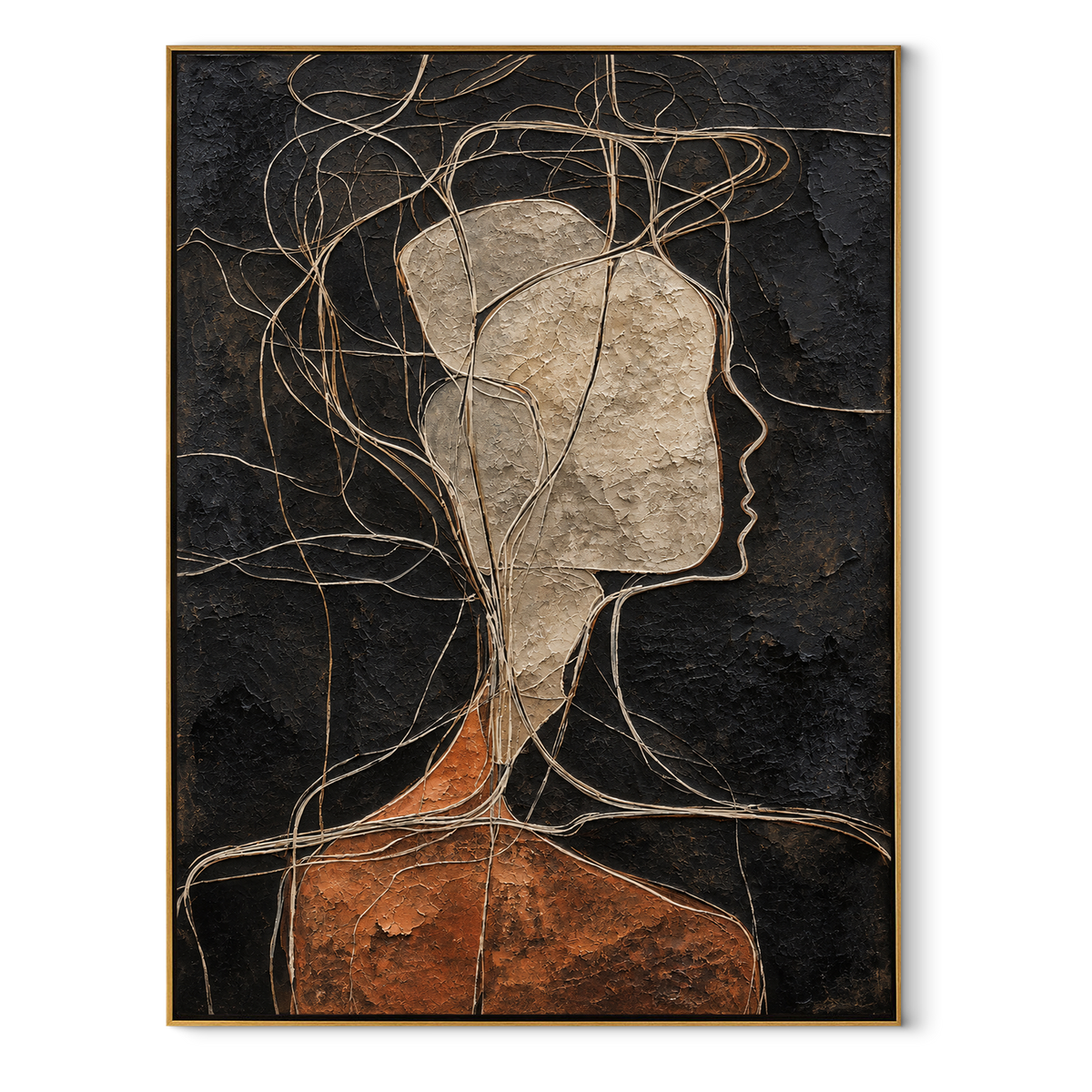 Threads Around a Face - abstract profile portrait painting in a wood frame on white