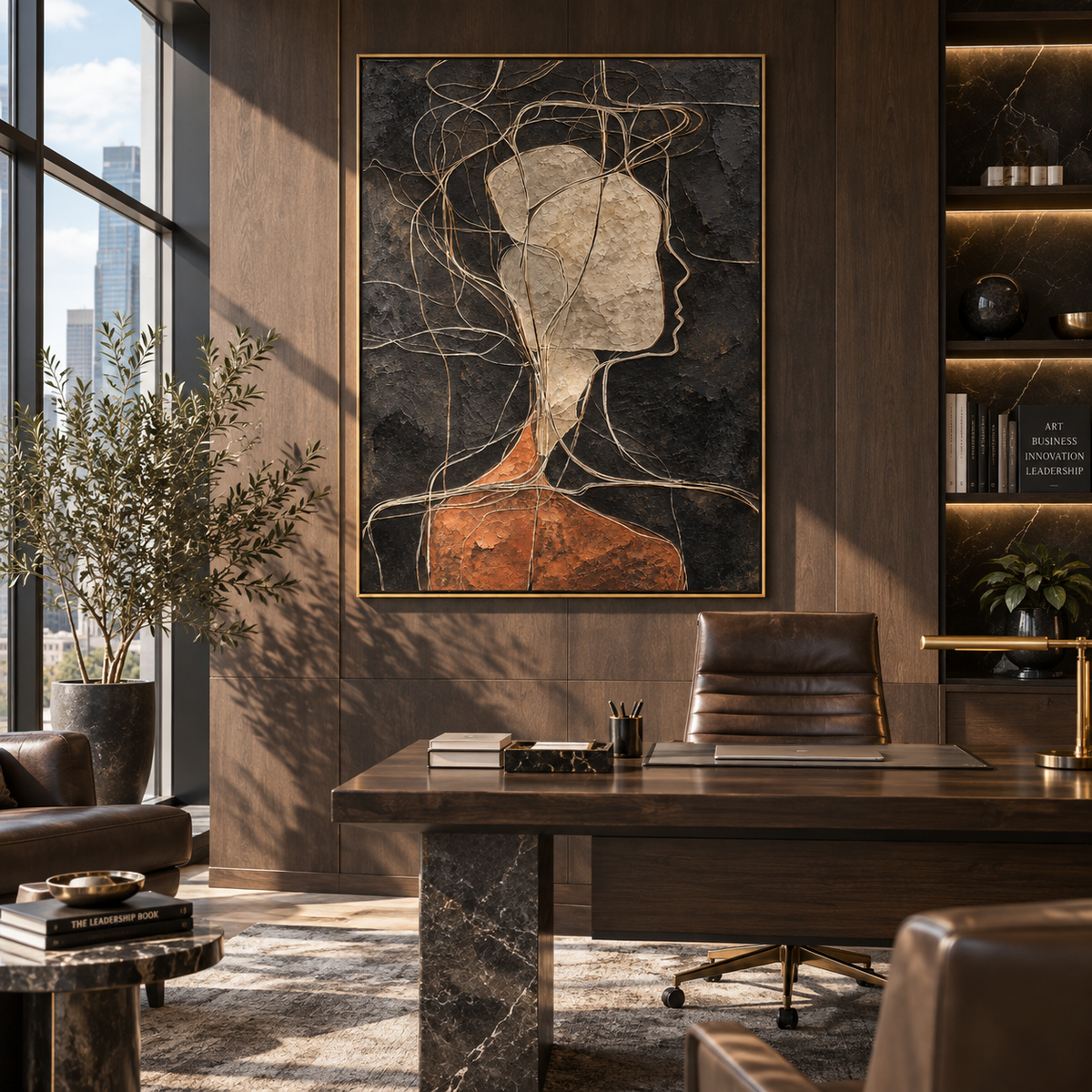 Threads Around a Face - abstract profile portrait painting shown in modern room setting 3