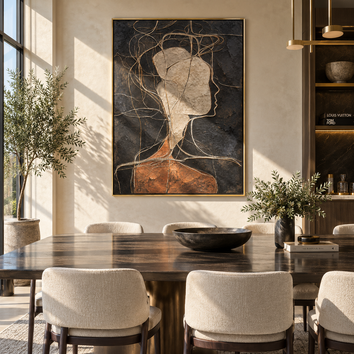 Threads Around a Face - abstract profile portrait painting shown in modern room setting 5