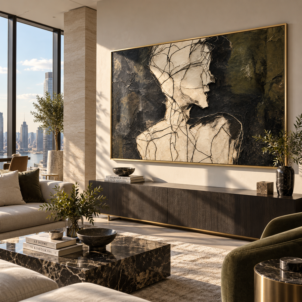 Faces Meeting in Charcoal - two abstract profiles painting displayed in a styled interior