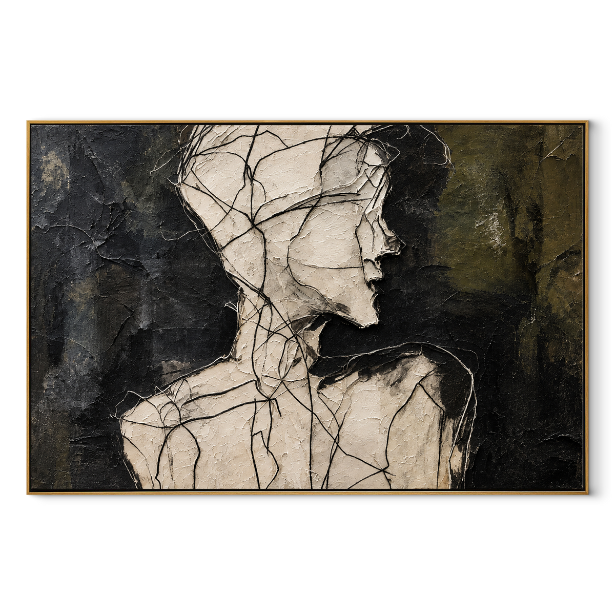 Faces Meeting in Charcoal - two abstract profiles painting in a wood frame on white