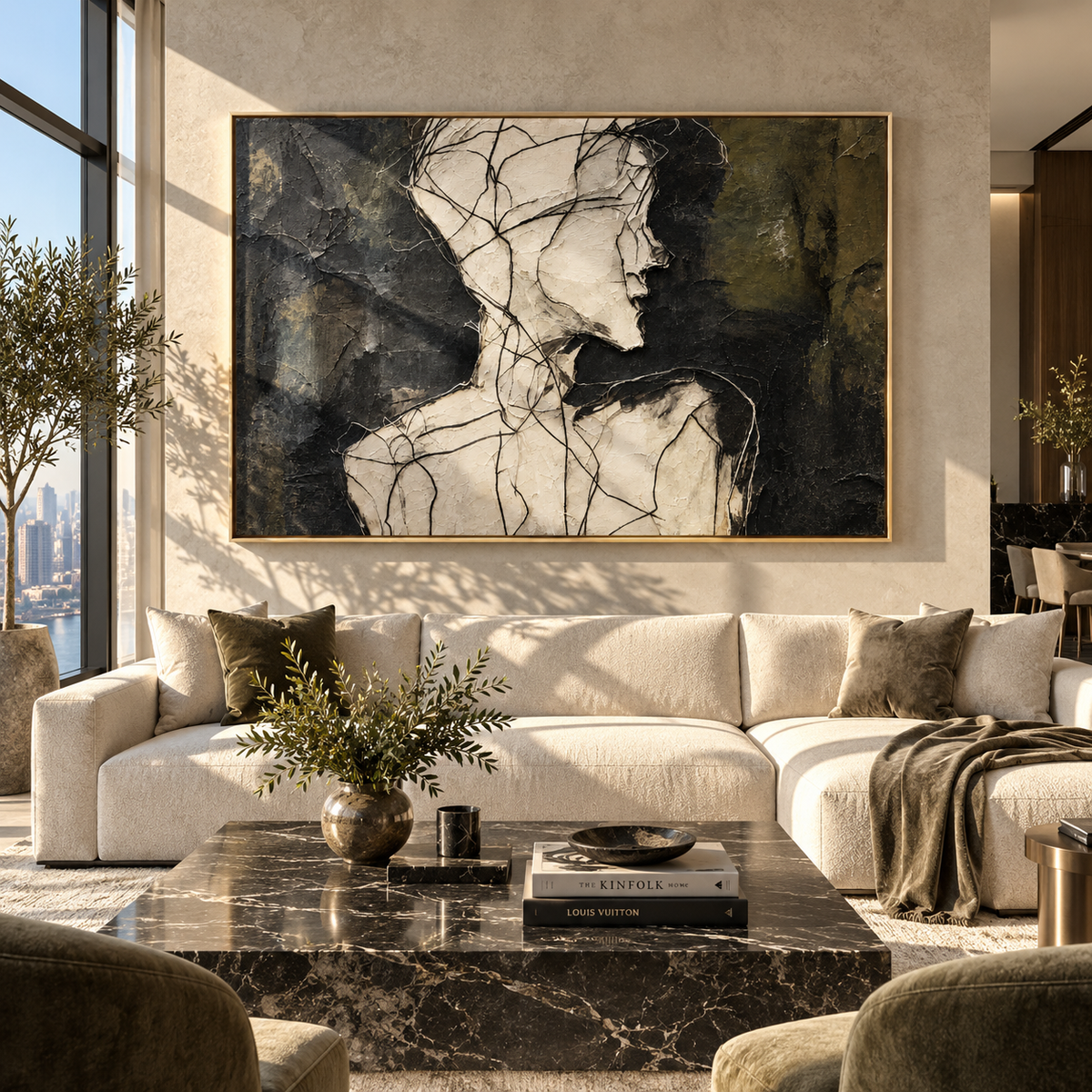 Faces Meeting in Charcoal - two abstract profiles painting shown in modern room setting 2