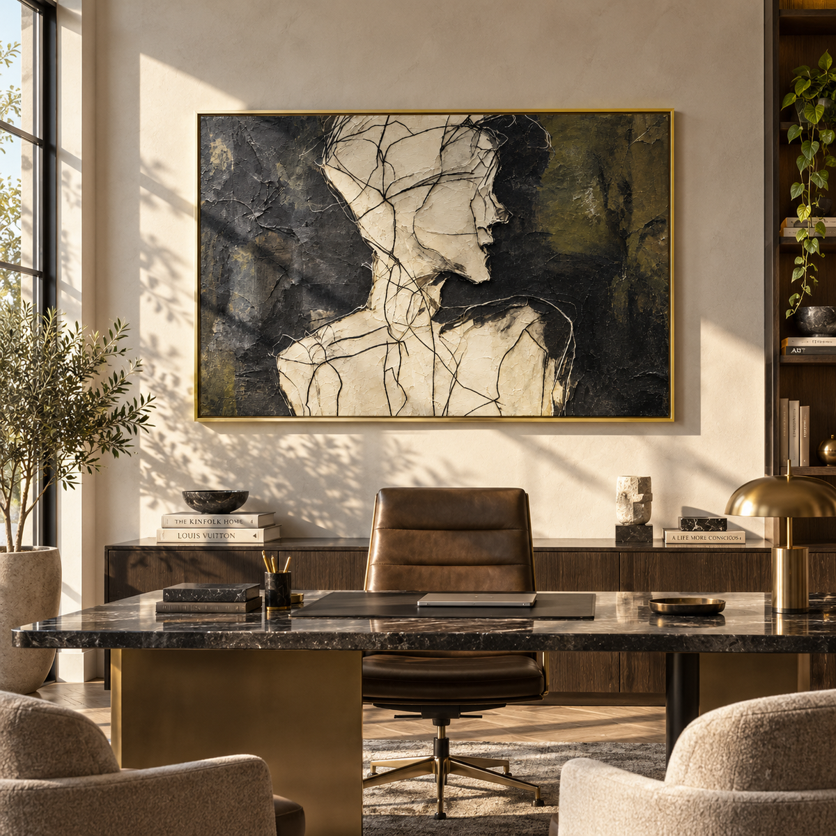 Faces Meeting in Charcoal - two abstract profiles painting shown in modern room setting 3
