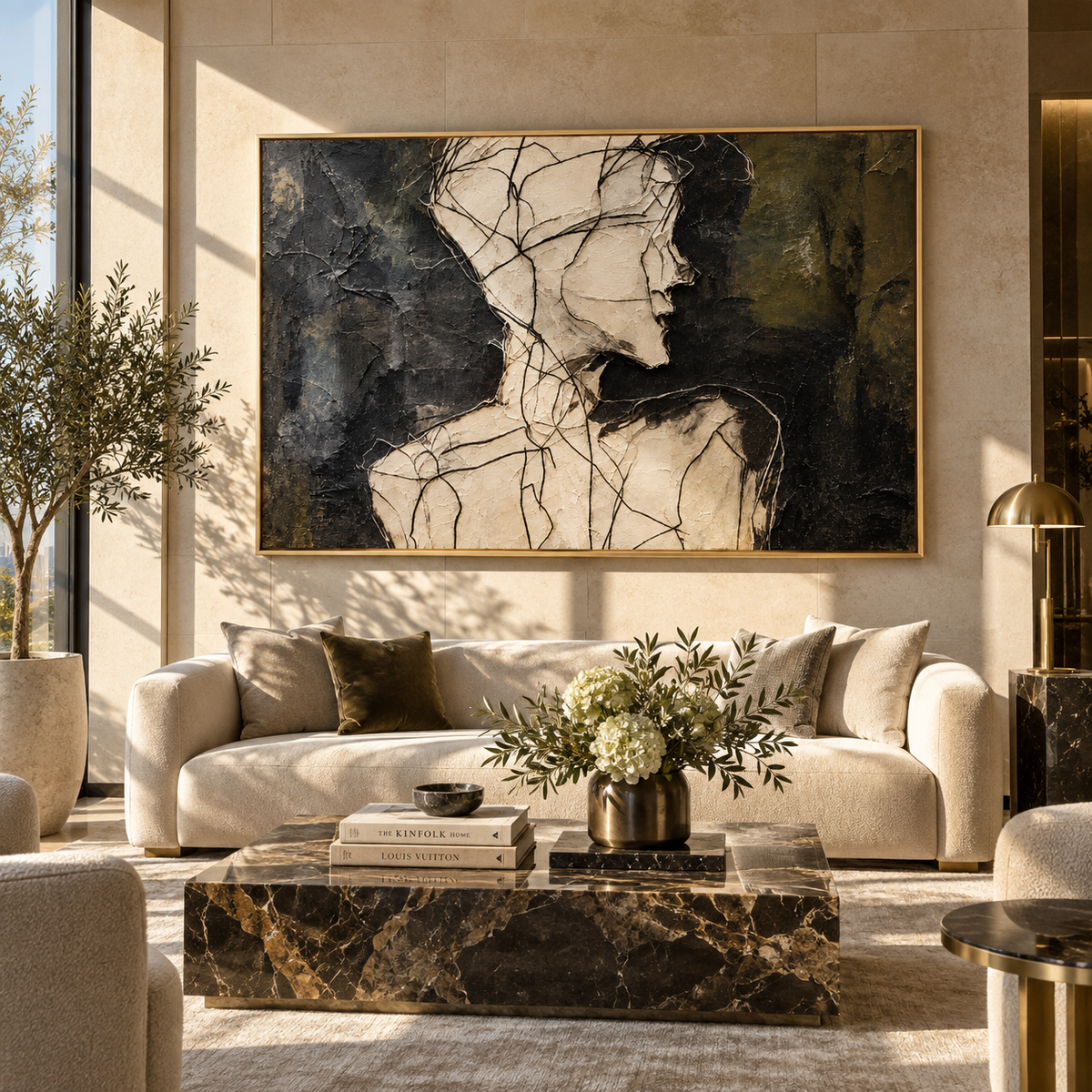 Faces Meeting in Charcoal - two abstract profiles painting shown in modern room setting 4