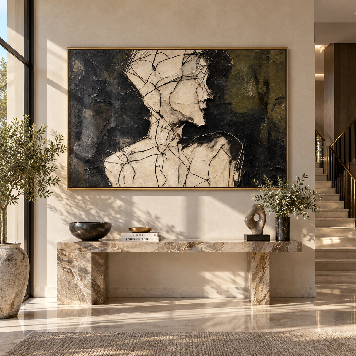 Faces Meeting in Charcoal - two abstract profiles painting shown in modern room setting 5