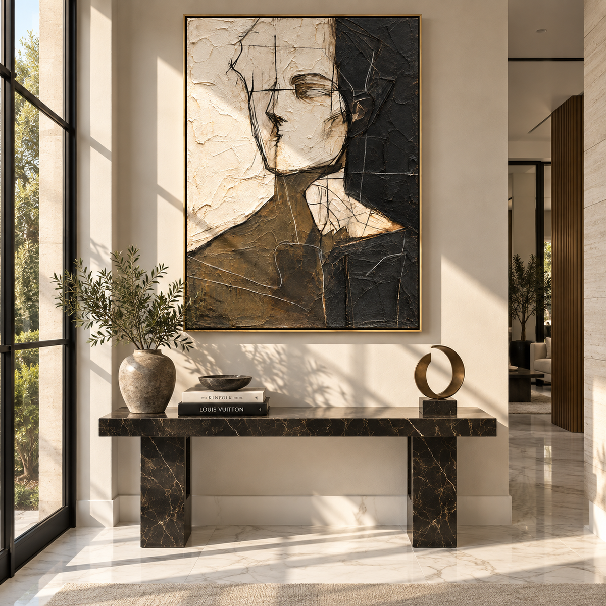 Divided Portrait in Silence - abstract face painting displayed in a styled interior