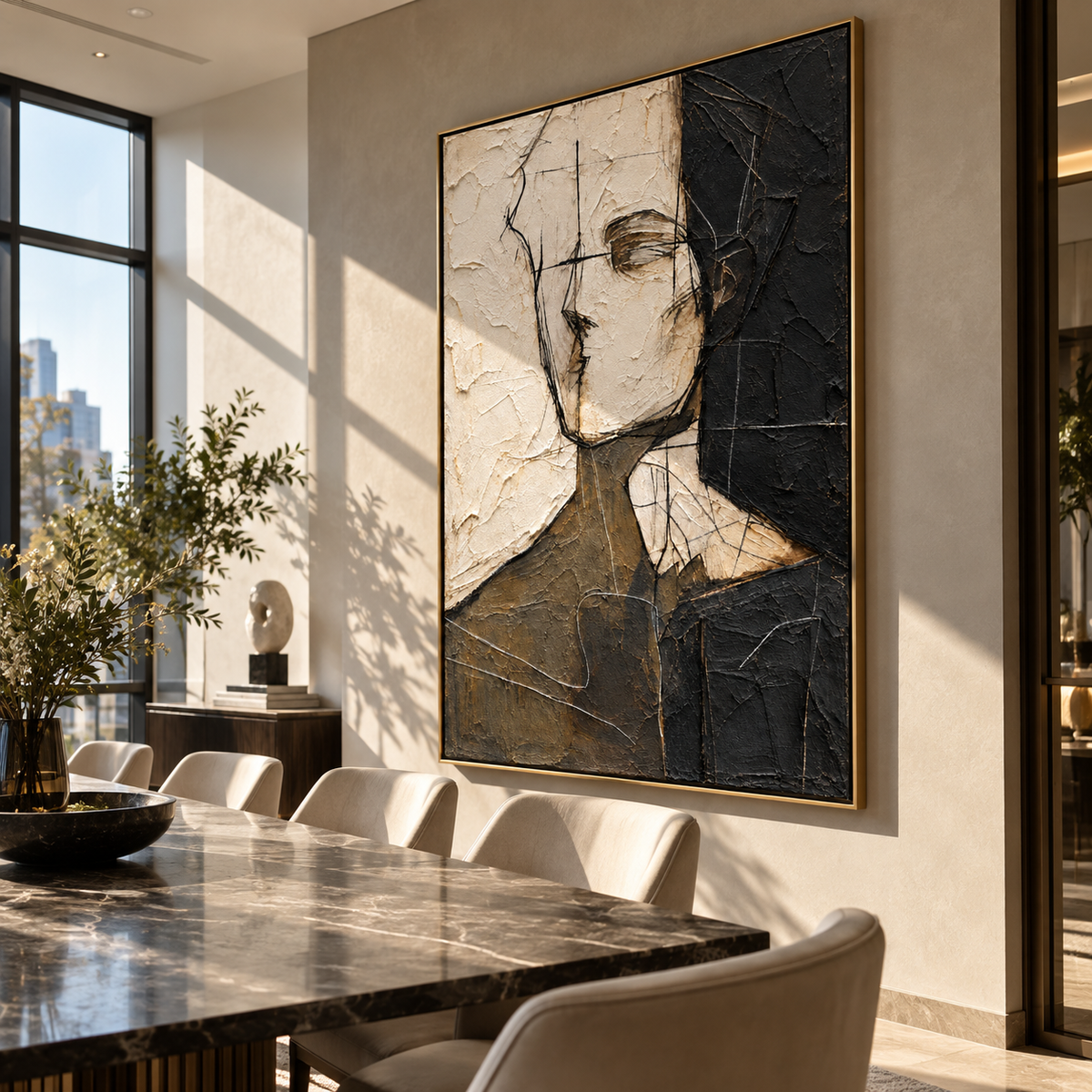 Divided Portrait in Silence - abstract face painting shown in modern room setting 2