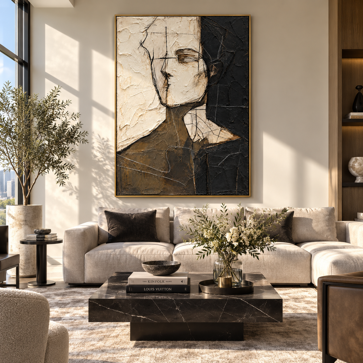 Divided Portrait in Silence - abstract face painting shown in modern room setting 3