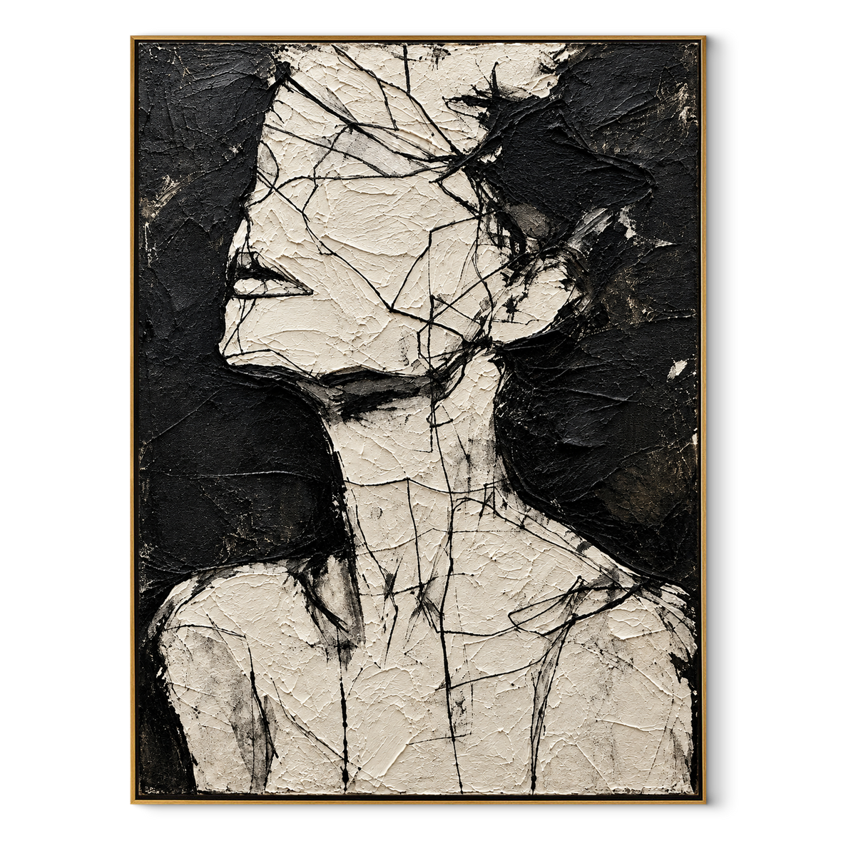 White Profile in Black - abstract figure portrait painting in a wood frame on white