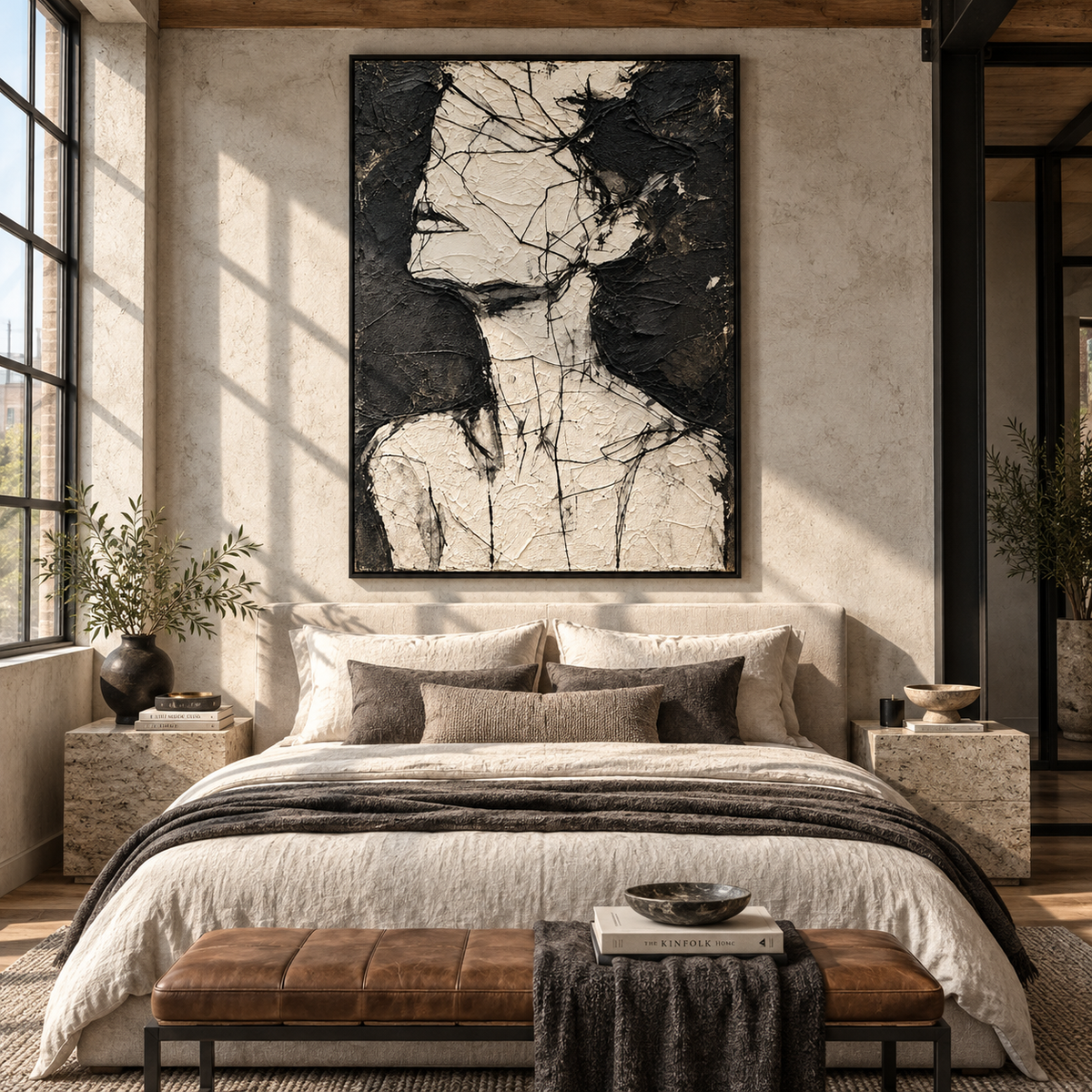 White Profile in Black - abstract figure portrait painting shown in modern room setting 2