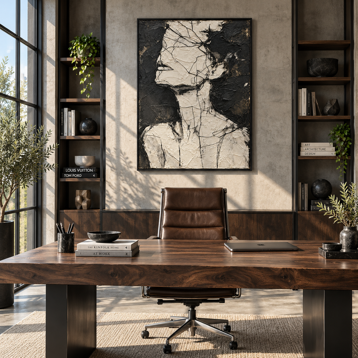 White Profile in Black - abstract figure portrait painting shown in modern room setting 3