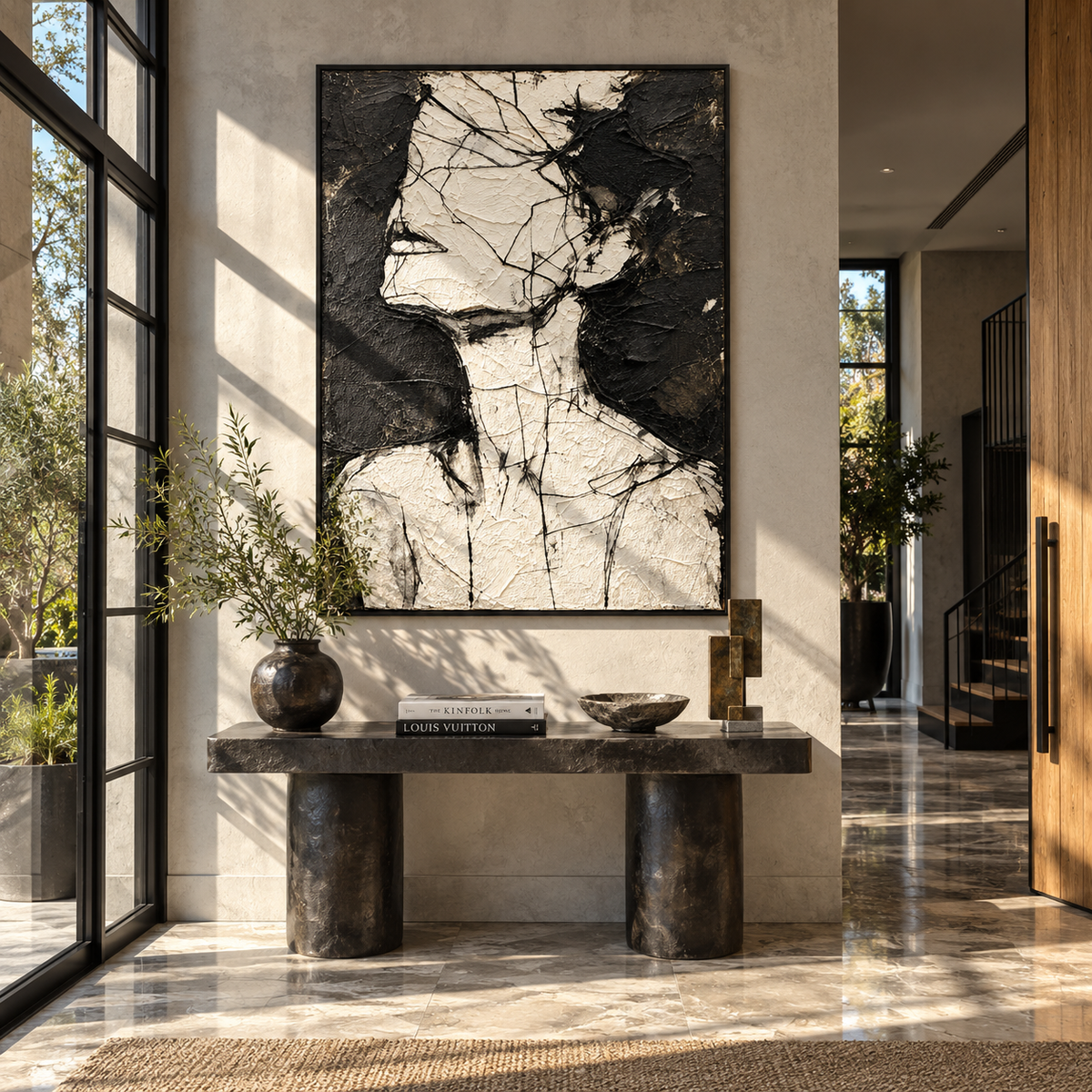 White Profile in Black - abstract figure portrait painting shown in modern room setting 4