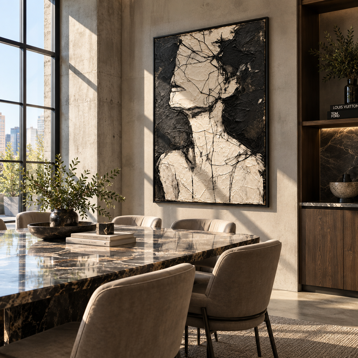 White Profile in Black - abstract figure portrait painting shown in modern room setting 5