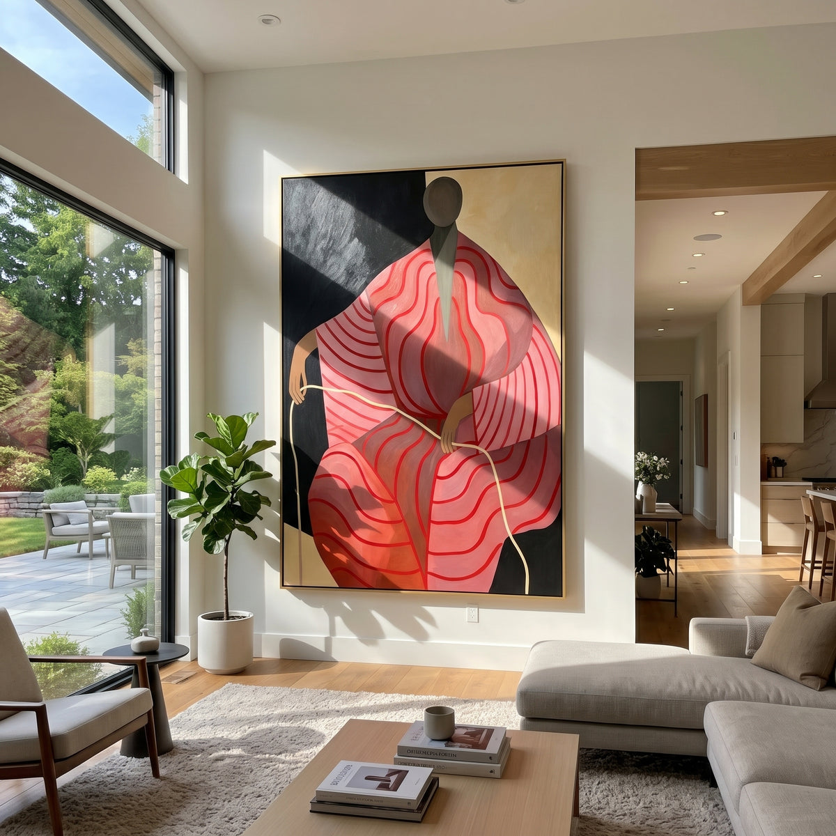 Crimson Lines in Stillness - abstract red figure painting displayed in a styled interior