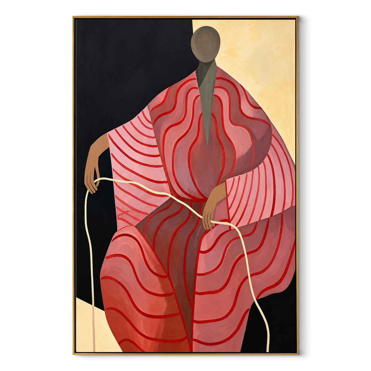 Crimson Lines in Stillness - abstract red figure painting in a wood frame on white