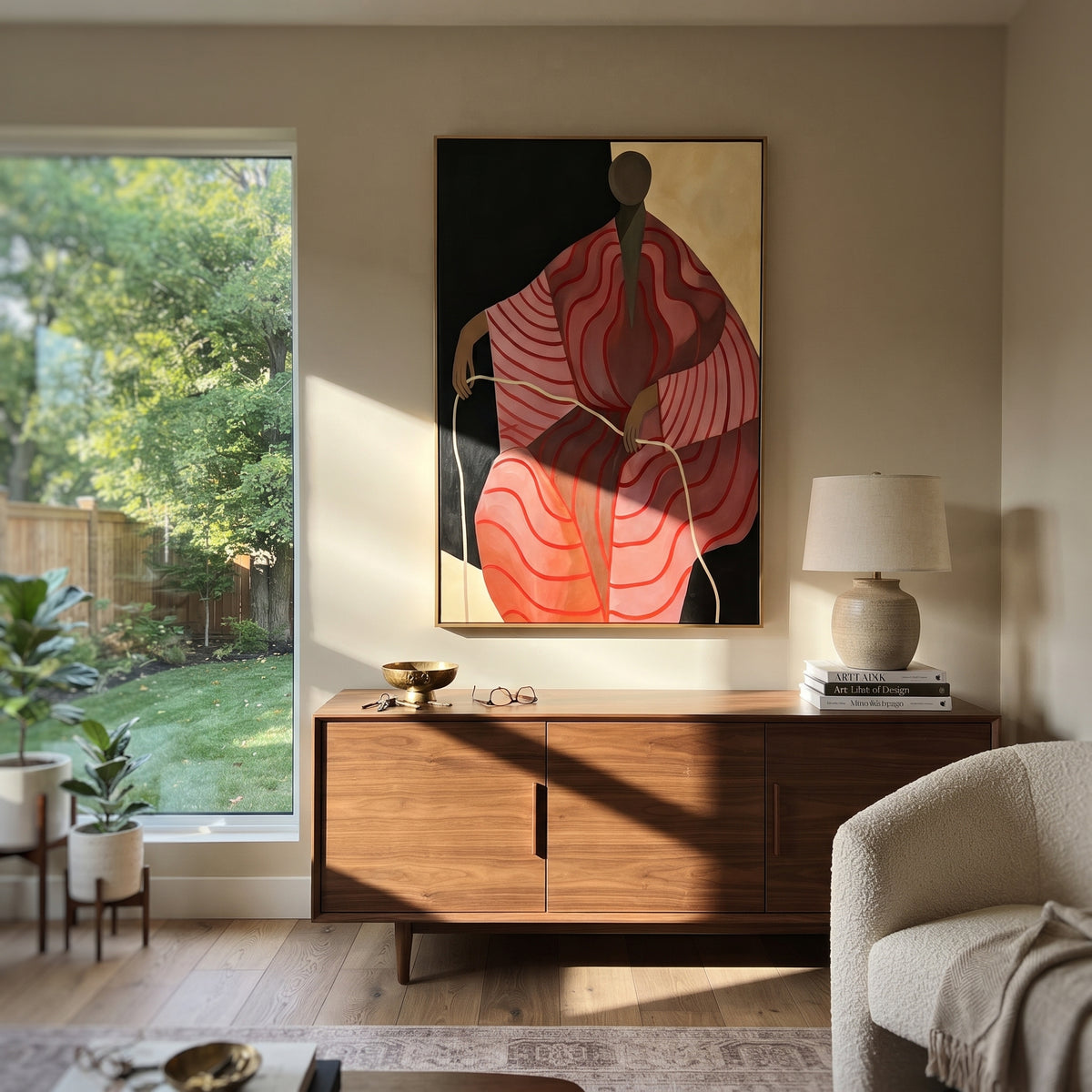 Crimson Lines in Stillness - abstract red figure painting shown in modern room setting 2