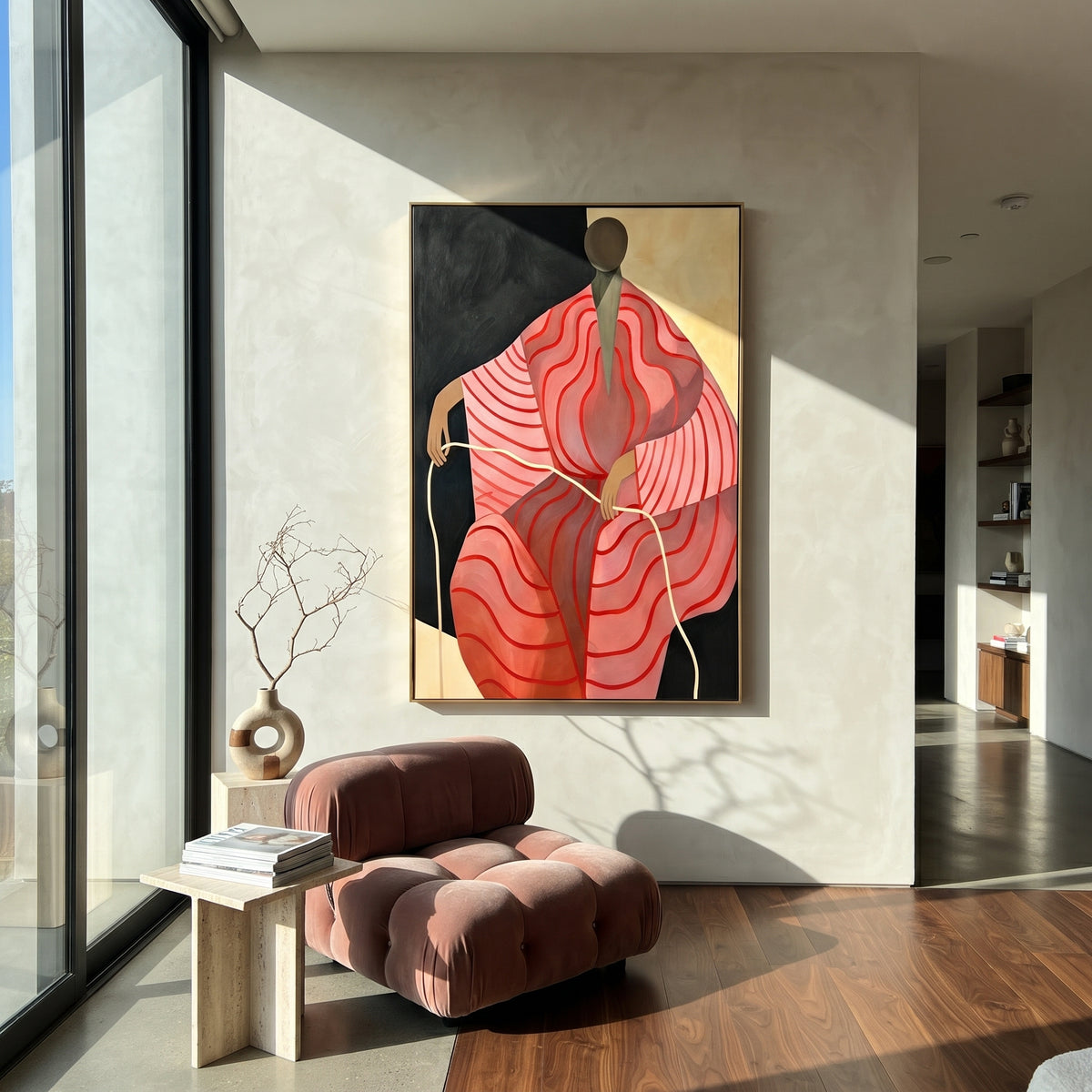 Crimson Lines in Stillness - abstract red figure painting shown in modern room setting 4