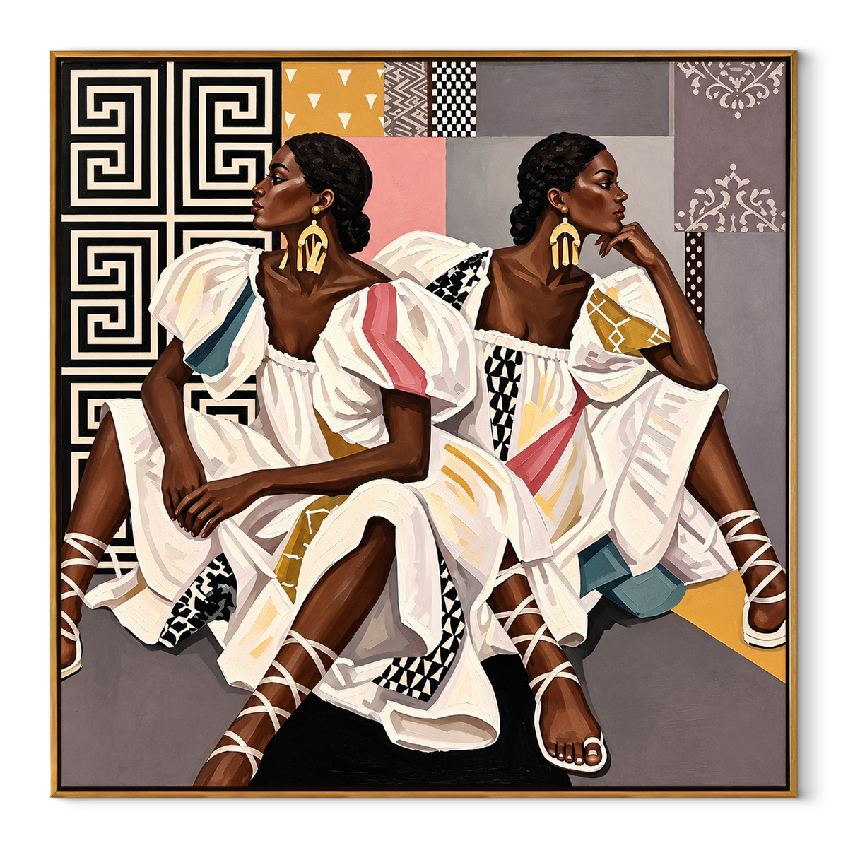 Sisters in Patterned White - two women in patterned dresses painting in a wood frame on white