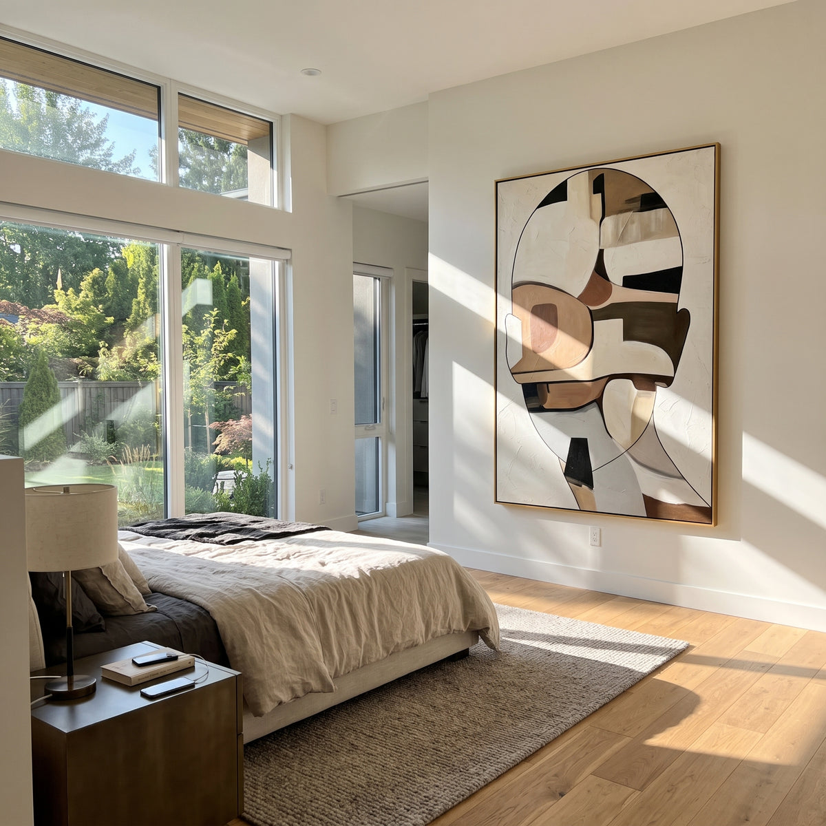 Cubist Figure in Sand - neutral cubist figure painting displayed in a styled interior