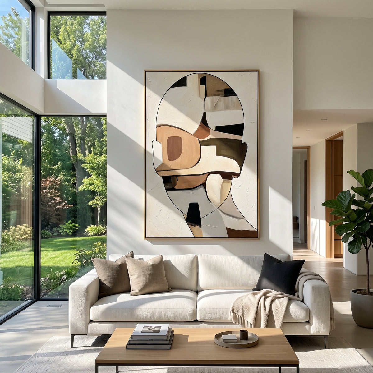 Cubist Figure in Sand - neutral cubist figure painting shown in modern room setting 3