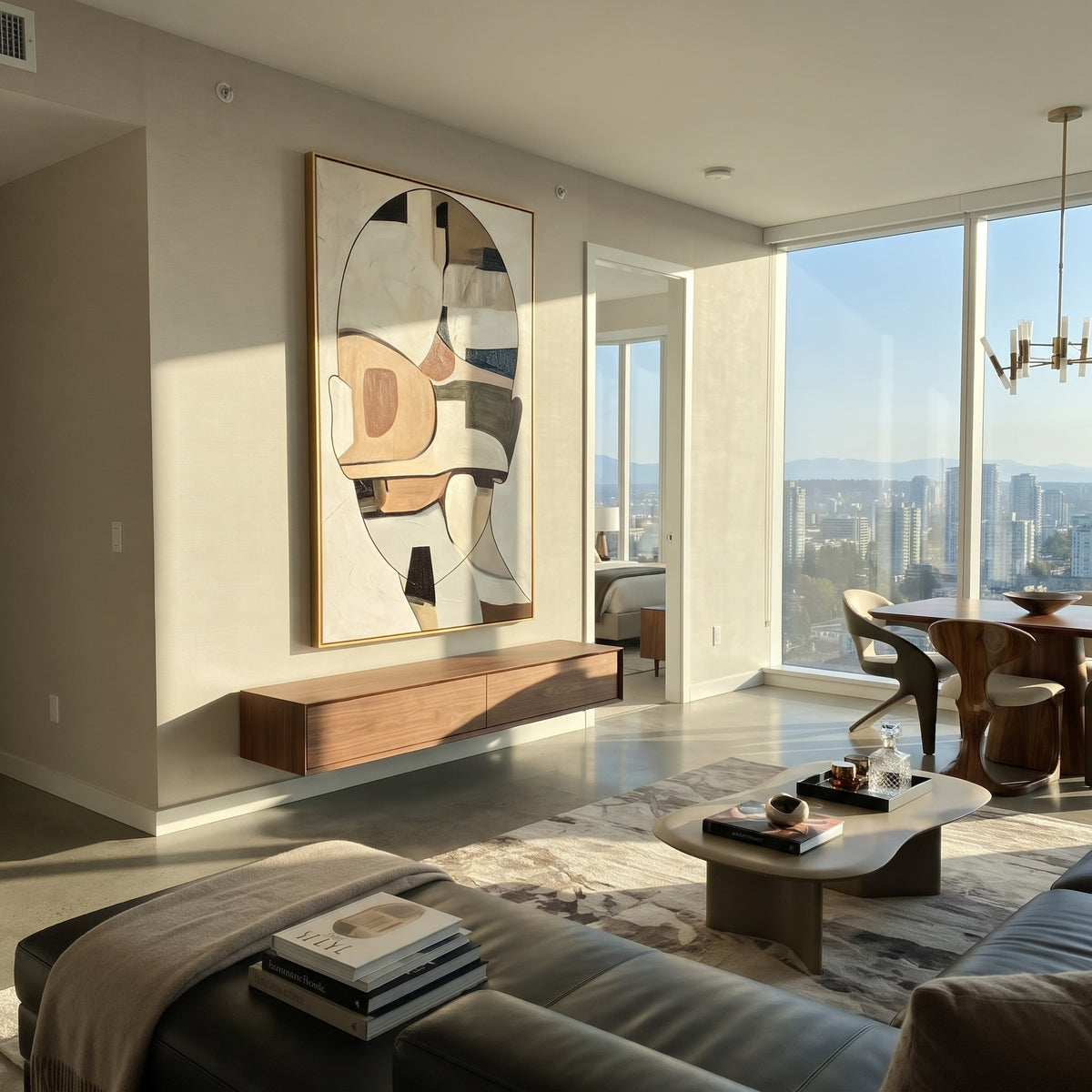 Cubist Figure in Sand - neutral cubist figure painting shown in modern room setting 4