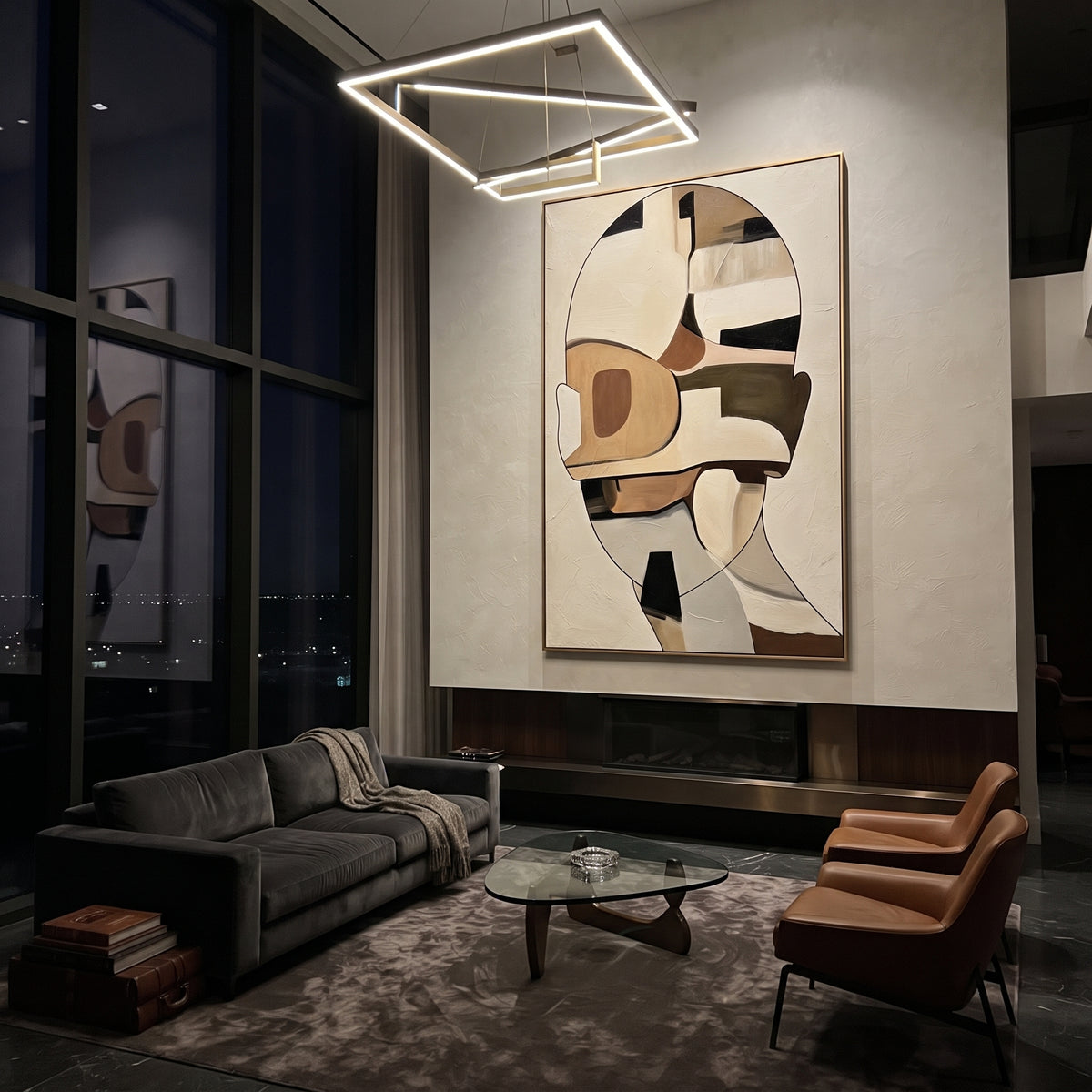 Cubist Figure in Sand - neutral cubist figure painting shown in modern room setting 5