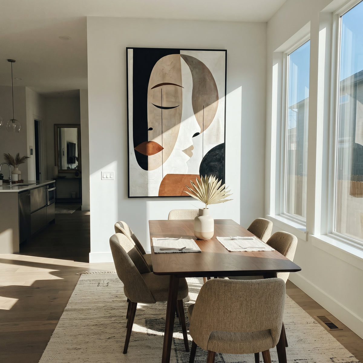 Faces in Quiet Geometry - geometric double face painting shown in modern room setting 2