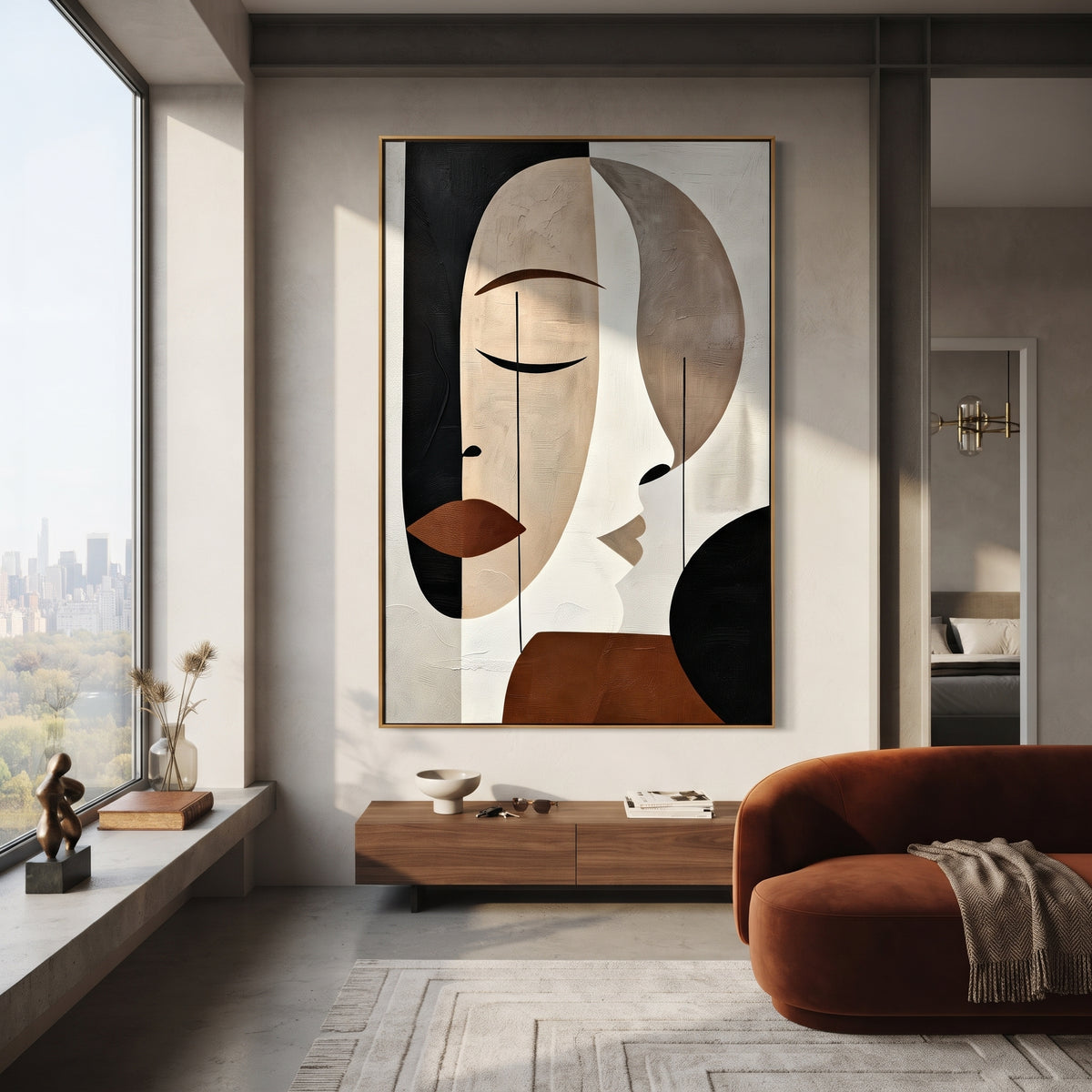 Faces in Quiet Geometry - geometric double face painting shown in modern room setting 5