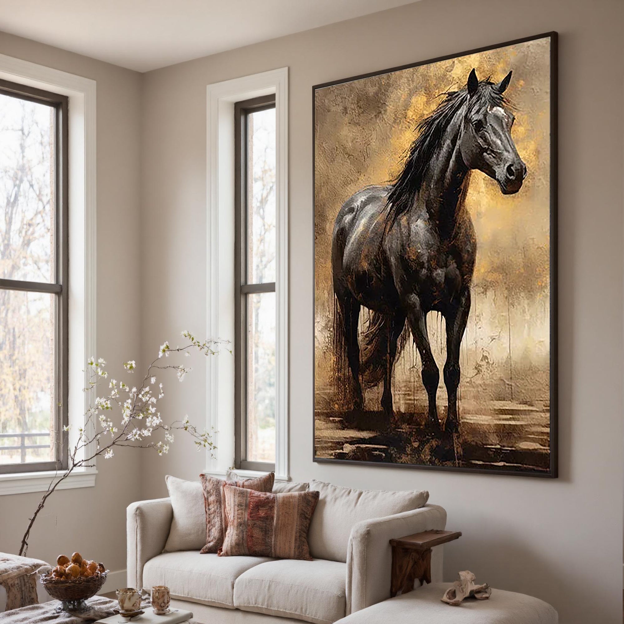 The Obsidian Knight – Realistic Black Horse Texture Painting | Gilded Earth Tone Living Room Art