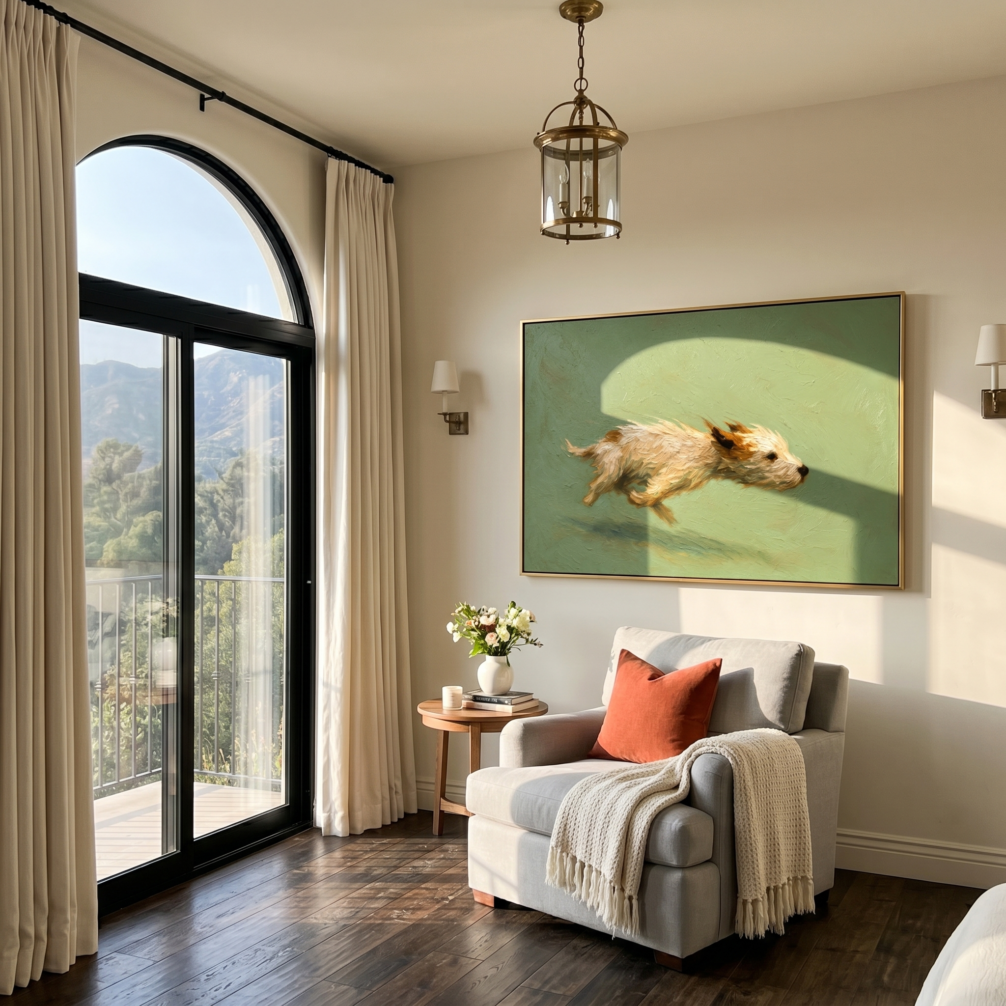 Free Spirit Run – Sage Green Minimalist Impasto Dog Oil Painting | Modern Cozy Pet Theme Hallway Art