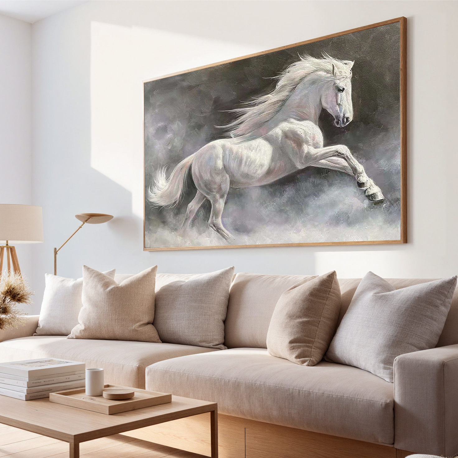 Misty Gallop – 3D Heavy Texture Running Horse Panoramic Painting | Contemporary Plaster Texture Living Room & Office Art