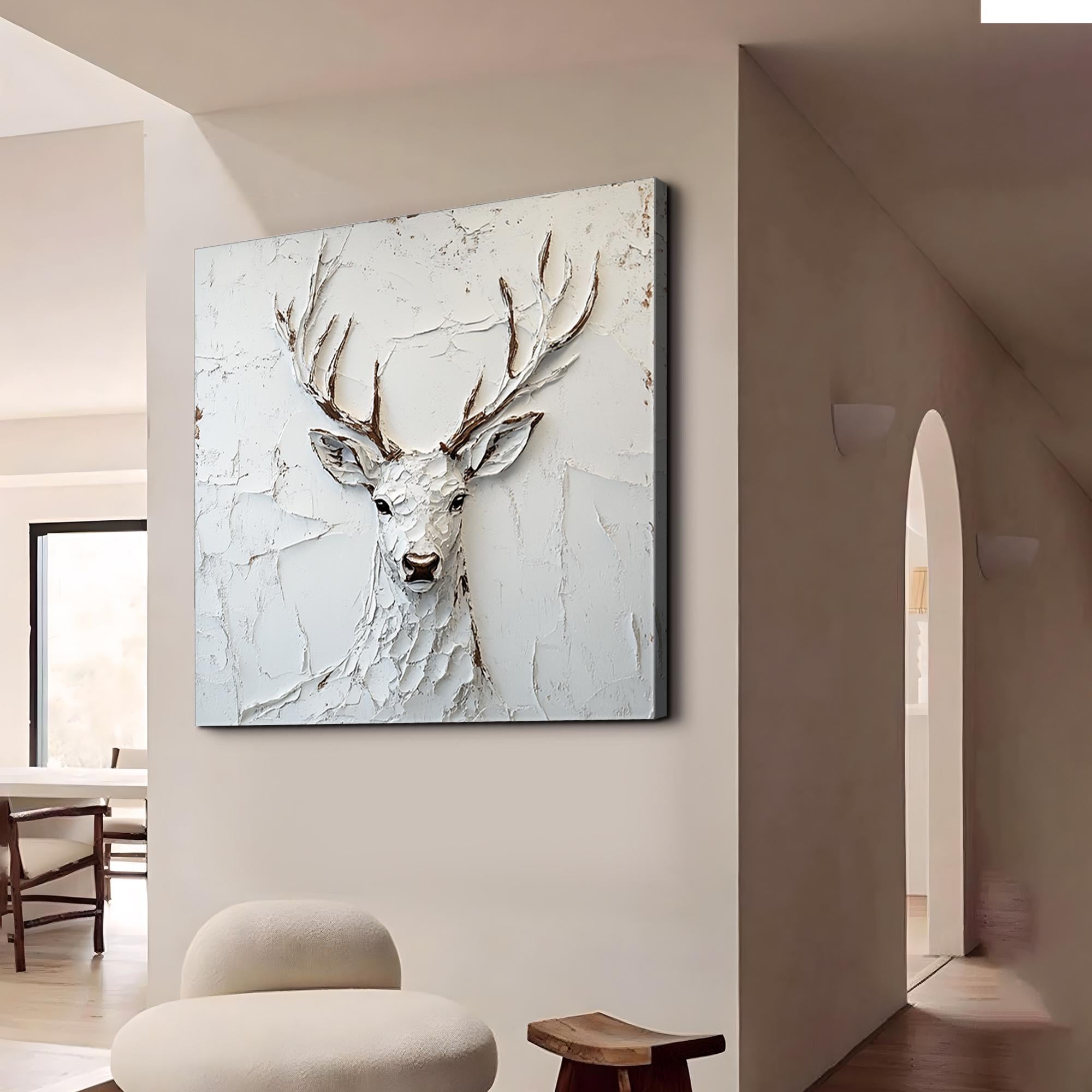 Winter Spirit – Plaster Relief Stag Sculpture Texture Painting | Contemporary Plaster Texture Living Room & Office Art