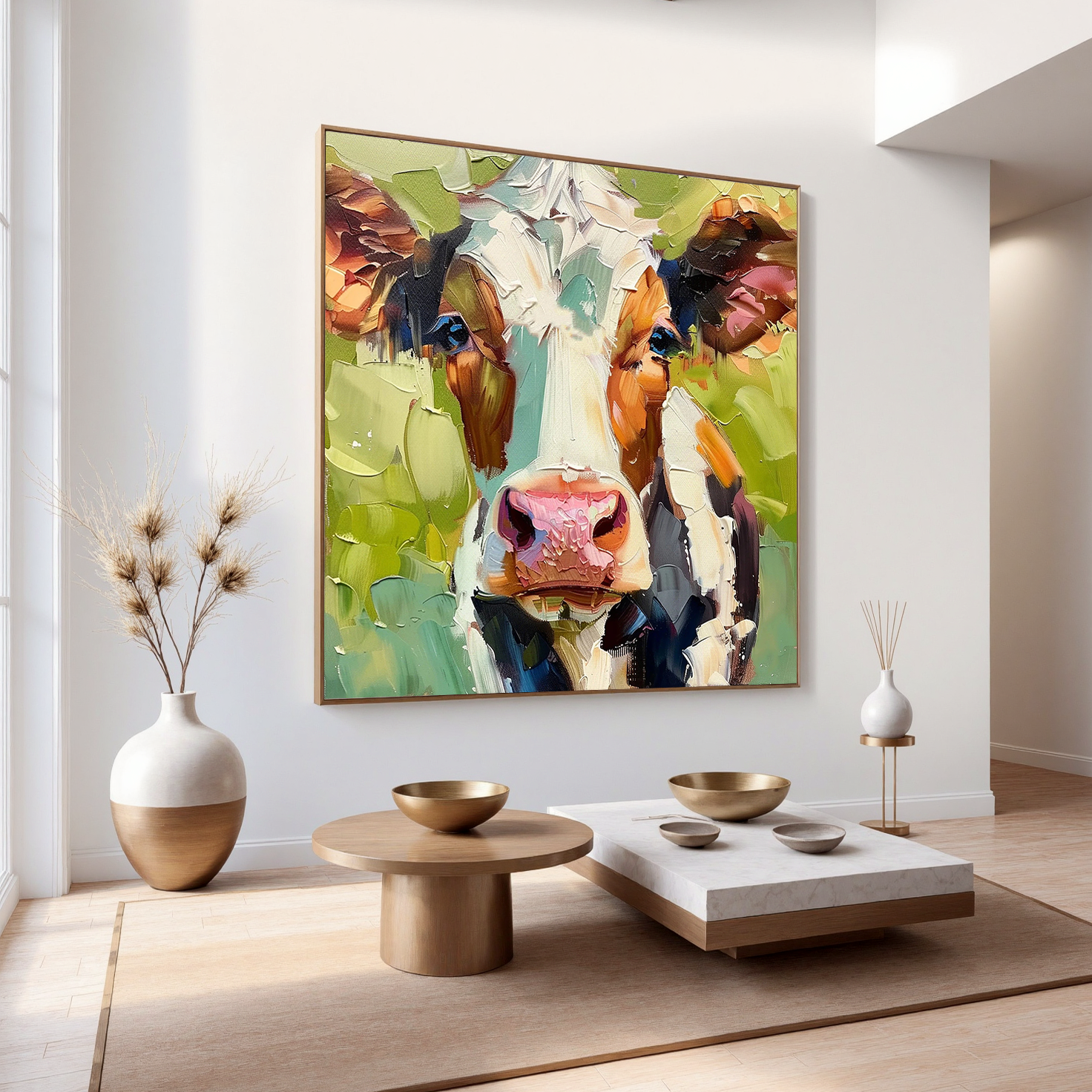 Barnyard Serenade – Modern Heavy Impasto Cow Portrait Painting | Rustic Farmhouse Living Room Art
