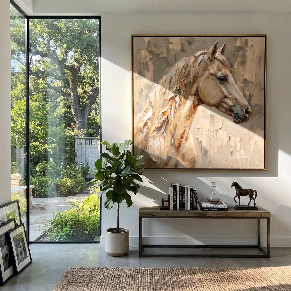 Ivory Mane in Quiet Light - white horse profile painting, square textured equestrian wall art - displayed above a neutral living room console