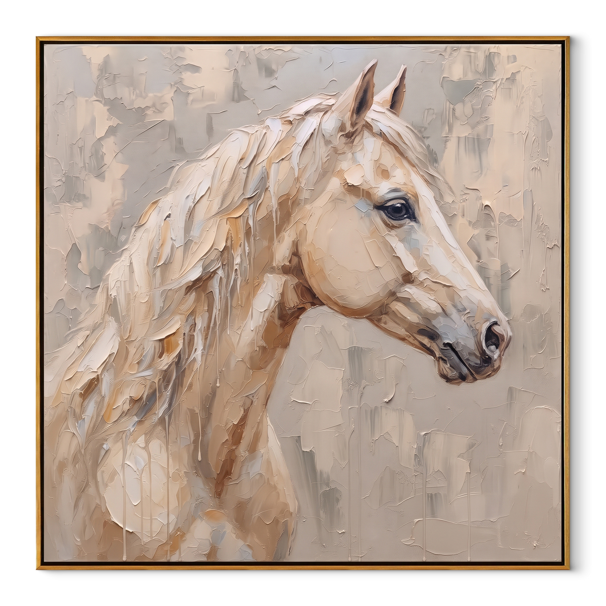 Ivory Mane in Quiet Light - white horse profile painting, square textured equestrian wall art - wood frame on white background