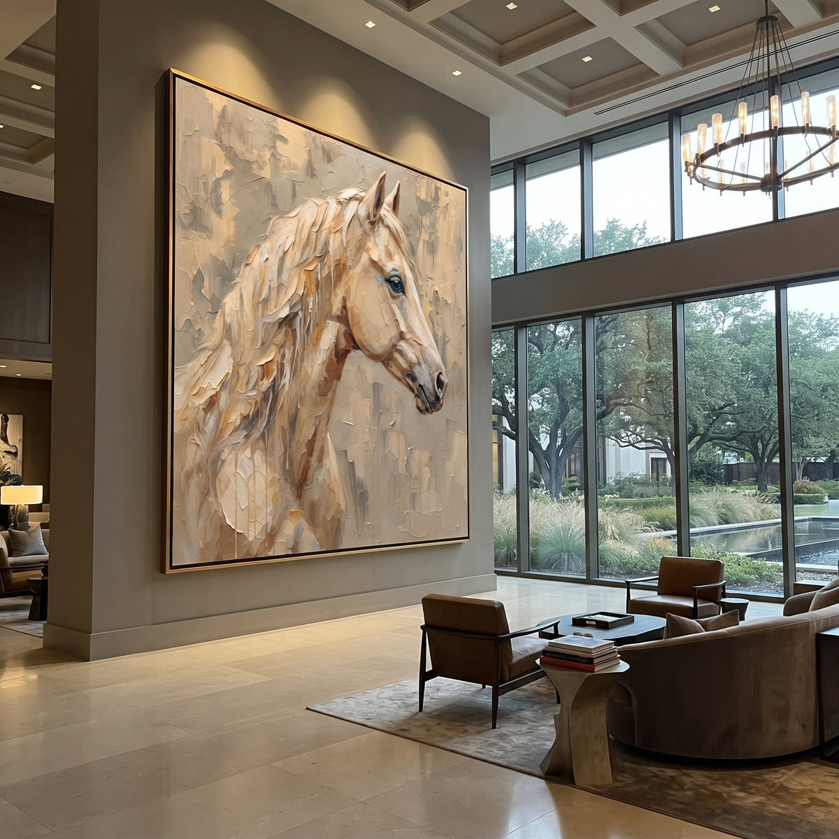 Ivory Mane in Quiet Light - white horse profile painting, square textured equestrian wall art - displayed over a softly layered bed
