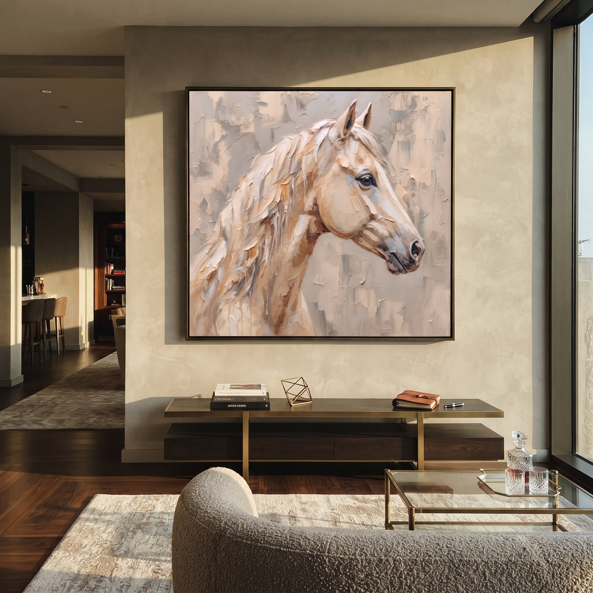 Ivory Mane in Quiet Light - white horse profile painting, square textured equestrian wall art - displayed in a pale contemporary lounge