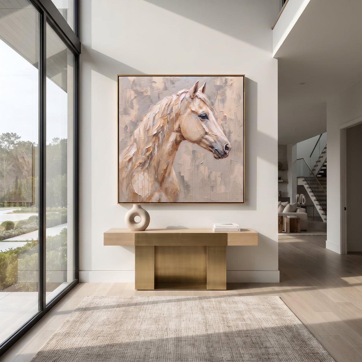 Ivory Mane in Quiet Light - white horse profile painting, square textured equestrian wall art - displayed beside a quiet reading chair