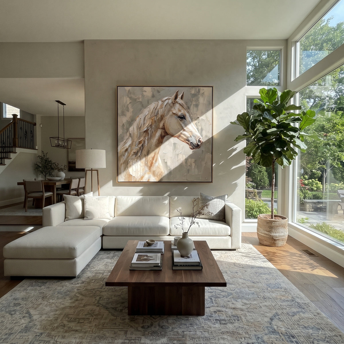 Ivory Mane in Quiet Light - white horse profile painting, square textured equestrian wall art - displayed above an entryway cabinet