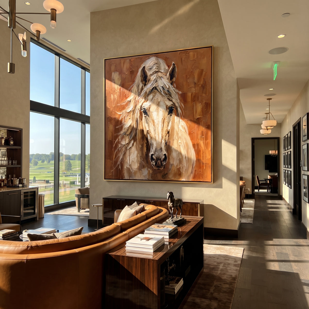 Copper Field Meets the Gaze - front-facing white horse painting, square textured equestrian wall art - displayed above a warm living room console