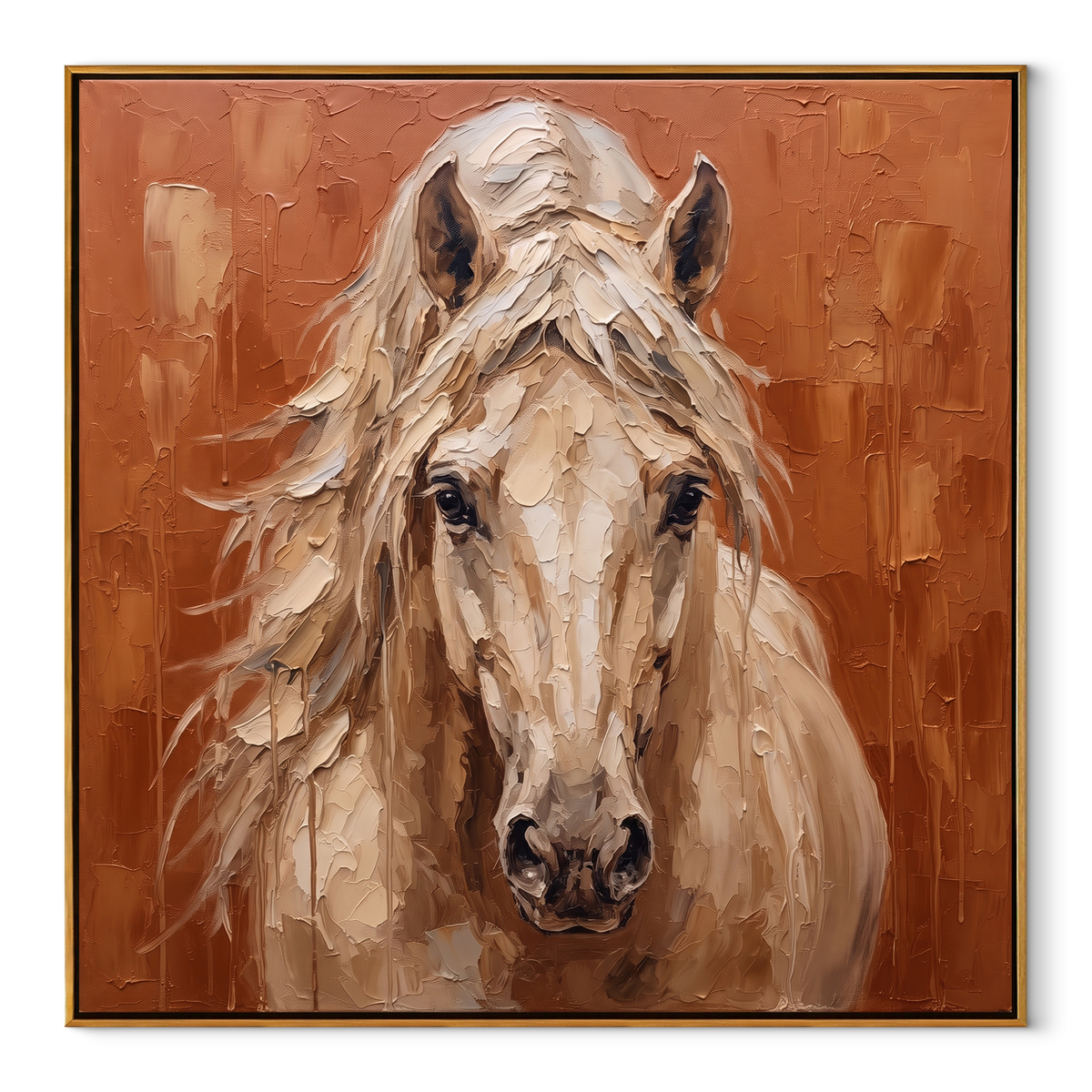 Copper Field Meets the Gaze - front-facing white horse painting, square textured equestrian wall art - wood frame on white background