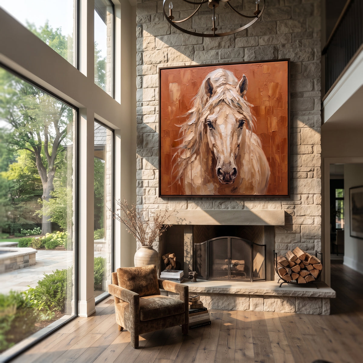 Copper Field Meets the Gaze - front-facing white horse painting, square textured equestrian wall art - displayed in a modern hotel lounge